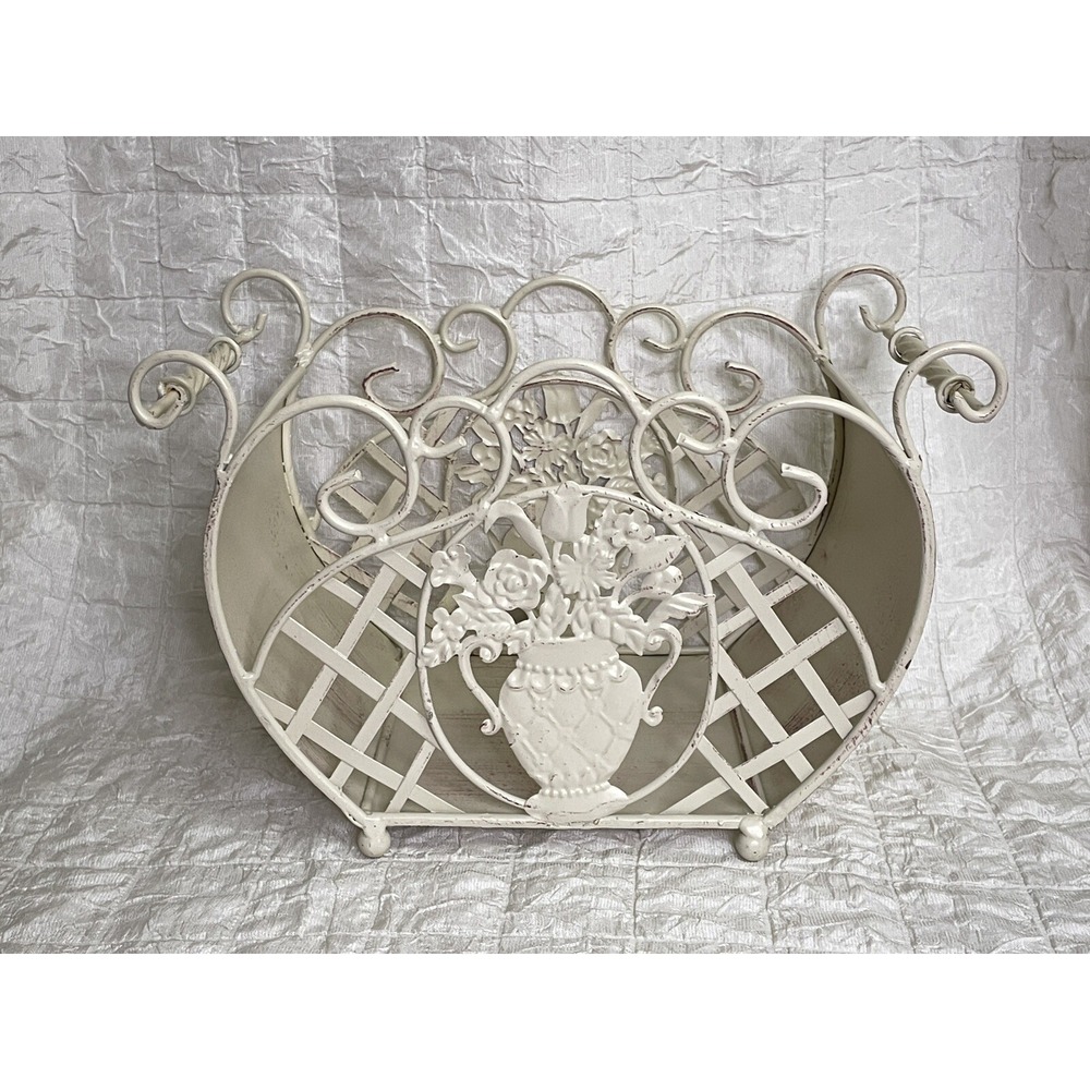 Metal Magazine Rack Shabby Chic Floral Cream